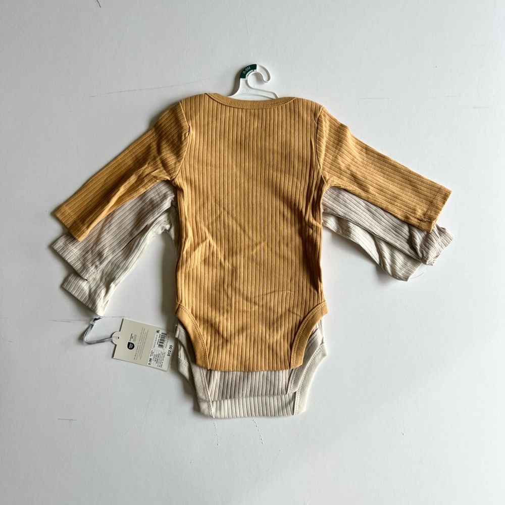 2 Cloud Island 3pc Ribbed Cream and Tan Baby Bodysuit Set Long Sleeve Bird Print - Picture 9 of 13
